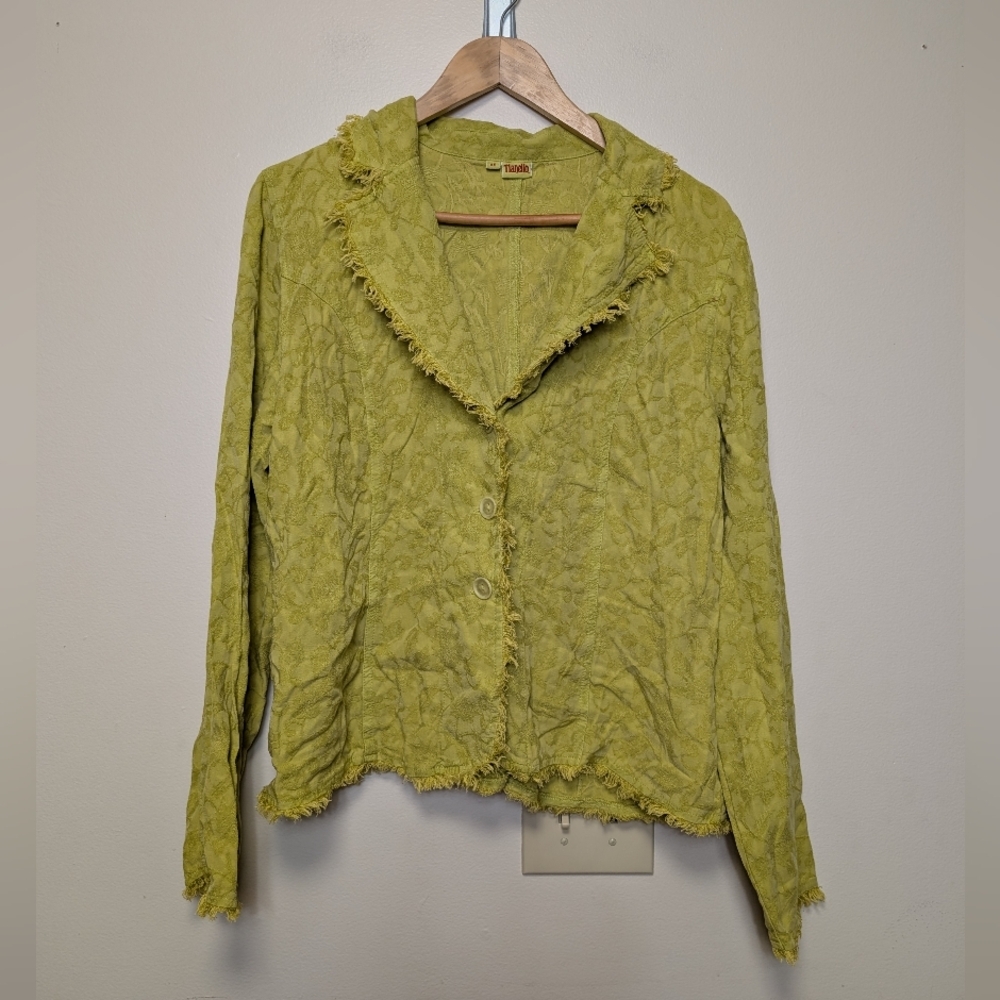 Tianello Women's Jacket M Green Textured Tencel Frayed Trim